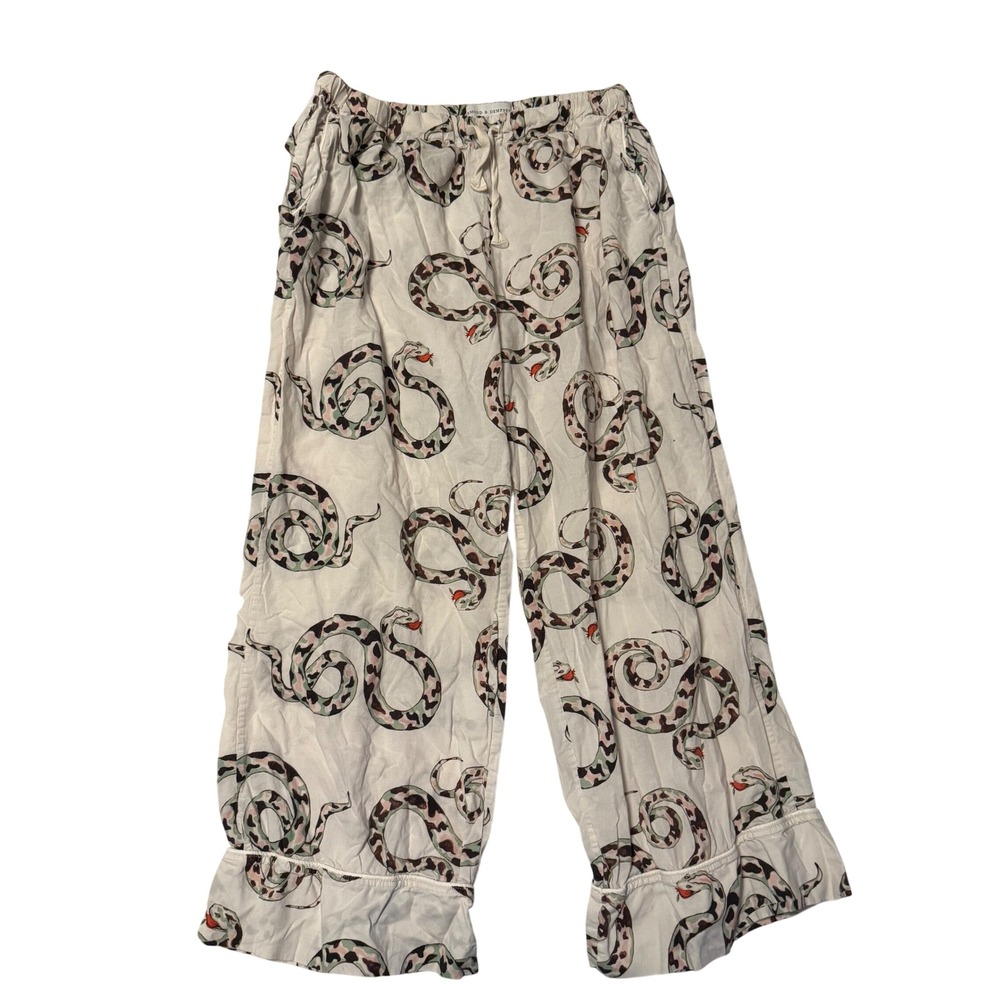 Desmond & Dempsey Snake Print Pajama Pants Cream Ruffle Hem Wide Leg Small